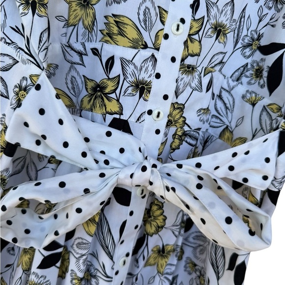 Foxcroft Shirt Dress Yellow Black Floral Polka Dot Button Down 14 Cottagecore - Picture 6 of 10